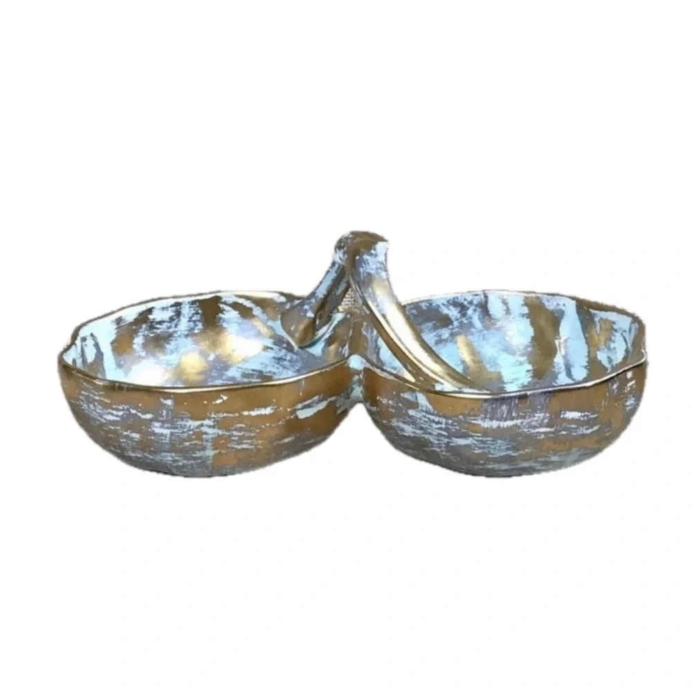 Stangl 22 Kt Antique Gold Divided Basket Two Compartment Dish Hand Painted